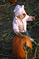 Mary picking a pumpkin